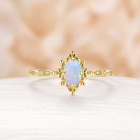 Vintage Oval White Opal Engagement Ring Milgrain Filigree Rose Gold