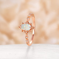 Vintage Oval White Opal Engagement Ring Milgrain Filigree Rose Gold