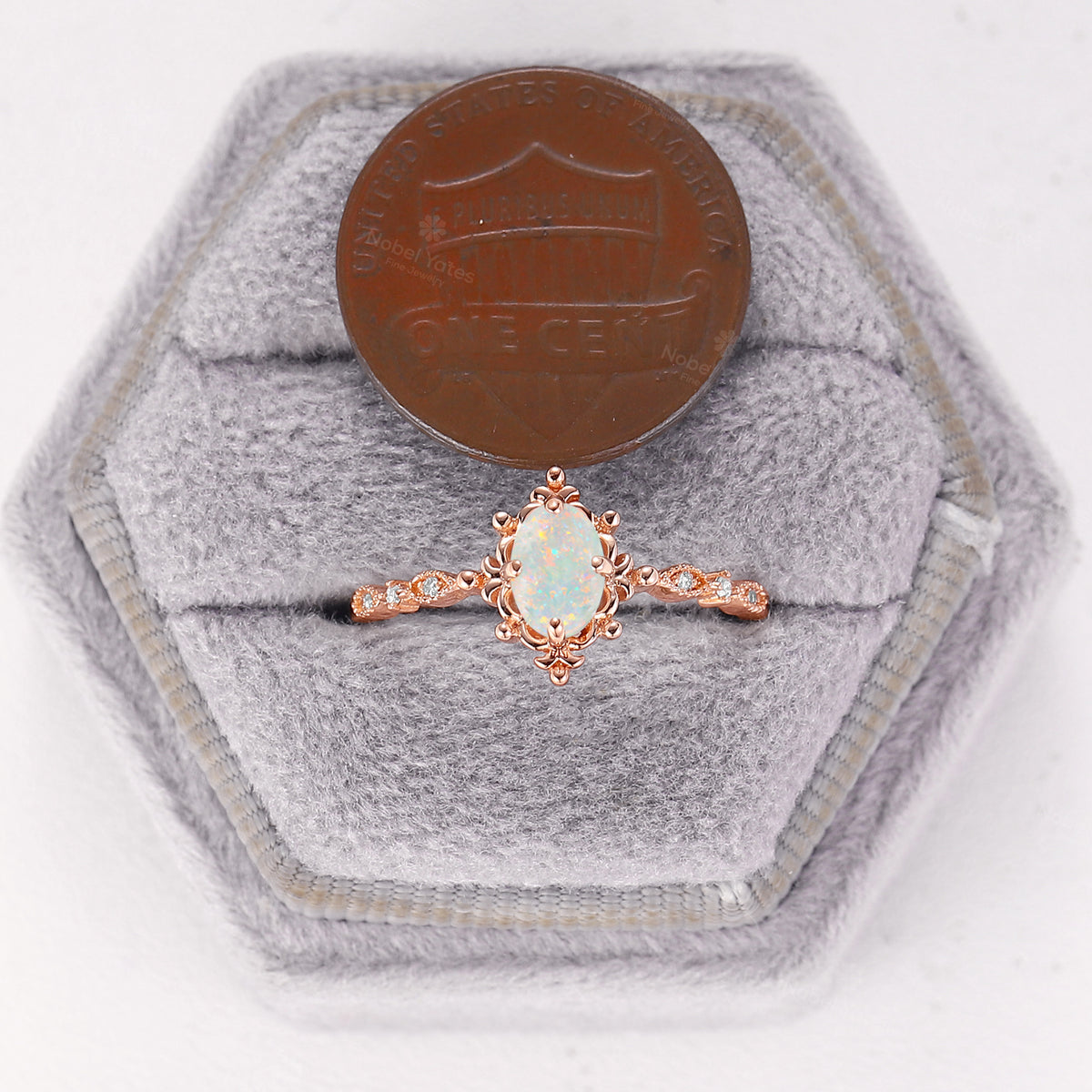 Vintage Oval White Opal Engagement Ring Milgrain Filigree Rose Gold