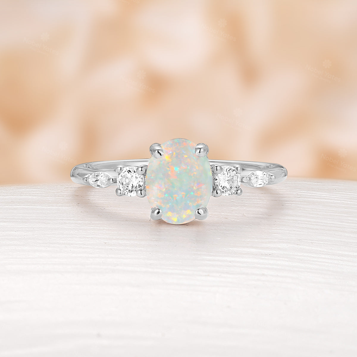 Five Stones Oval Lab Opal Engagement Ring Yellow Gold Side Stones