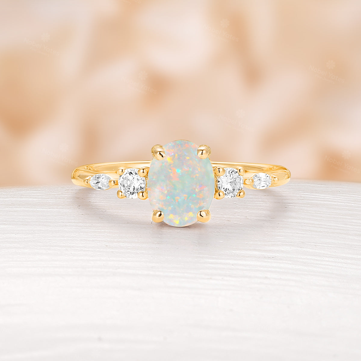 Five Stones Oval Lab Opal Engagement Ring Yellow Gold Side Stones