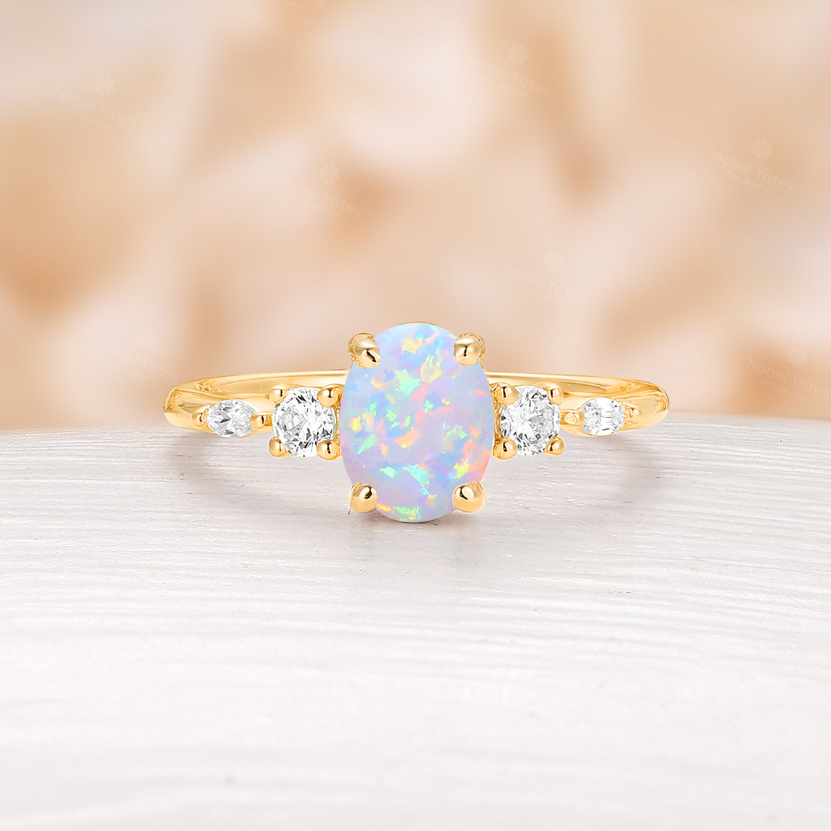 Five Stones Oval Lab Opal Engagement Ring Yellow Gold Side Stones