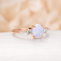 Five Stones Oval Lab Opal Engagement Ring Yellow Gold Side Stones