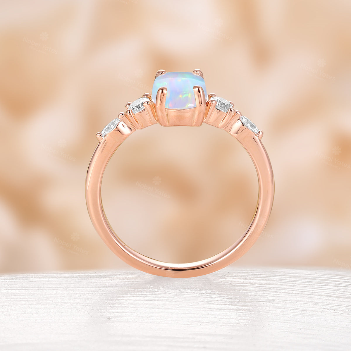 Five Stones Oval Lab Opal Engagement Ring Yellow Gold Side Stones