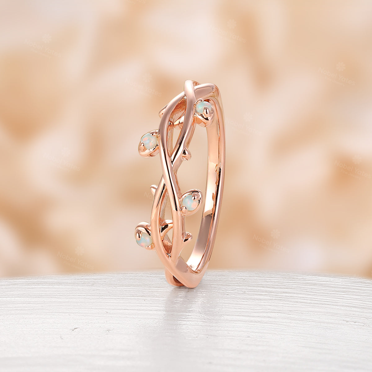 Nature-Inspired Twig Branch Opal Straight Wedding Band Twist