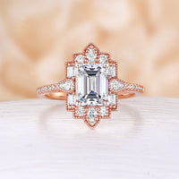 Art Deco Emerald Cut Lab Diamond Halo Mosaic Ring