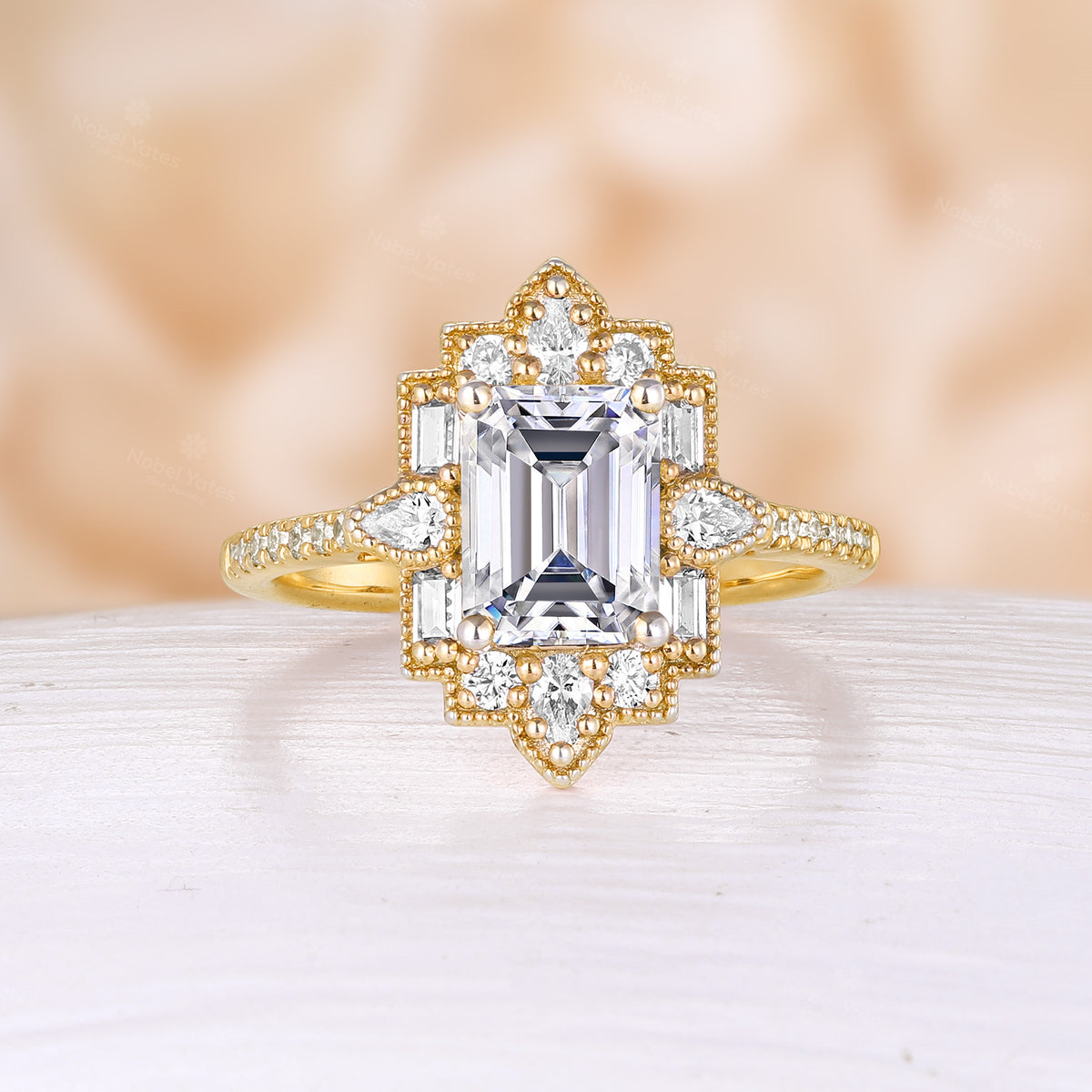 Art Deco Emerald Cut Lab Diamond Halo Mosaic Ring