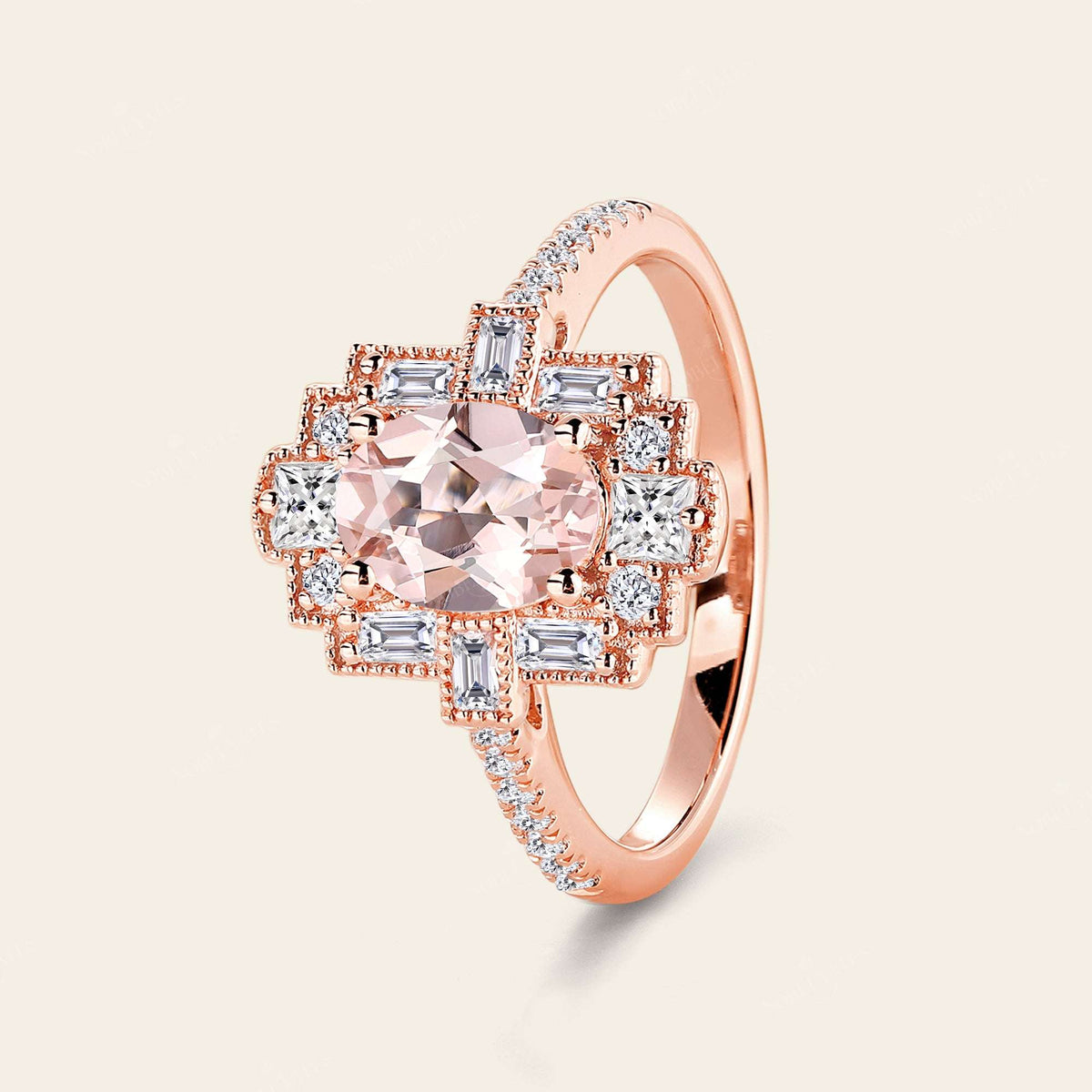 Oval Pink Morganite Art Deco Milgrain Engagement Ring-Nobel Yates