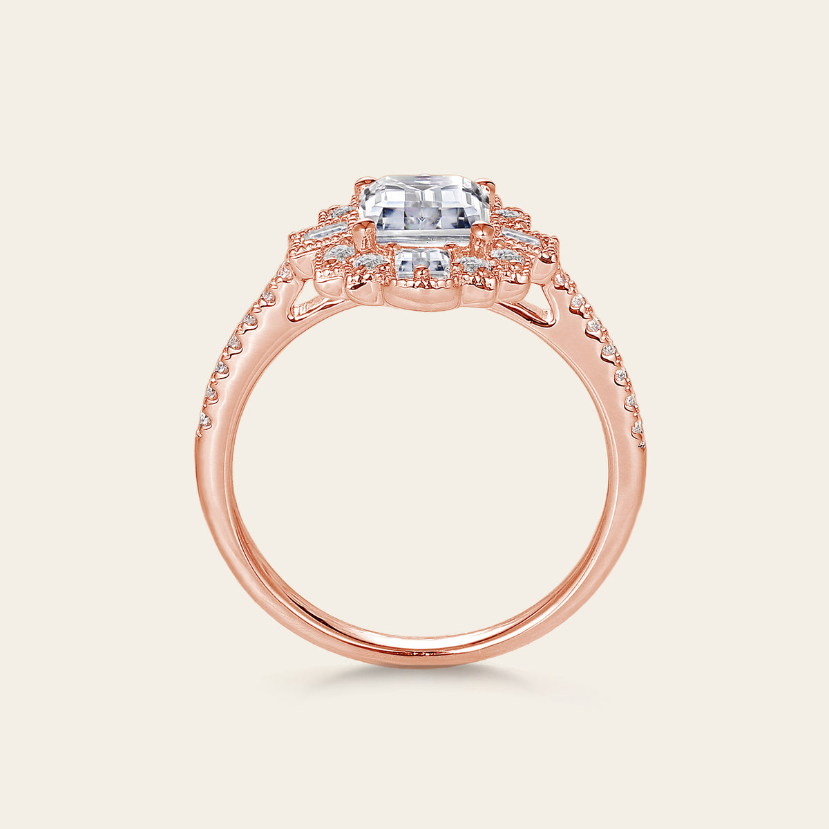 Asscher Cut Moissanite Milgrain Engagement Ring Art Deco Rose Gold