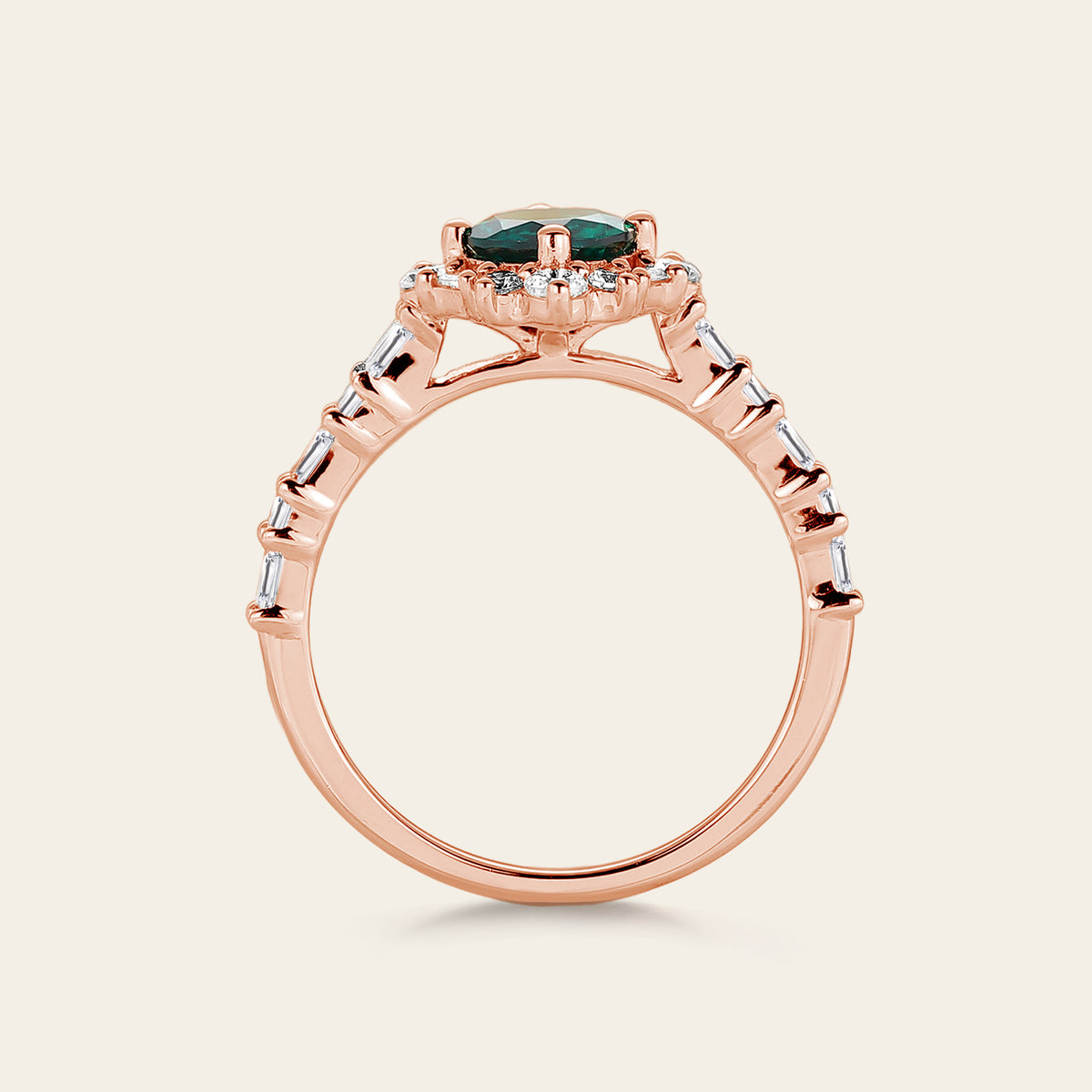 Art Deco Round Lab Emerald Rose Gold Halo Engagement Ring