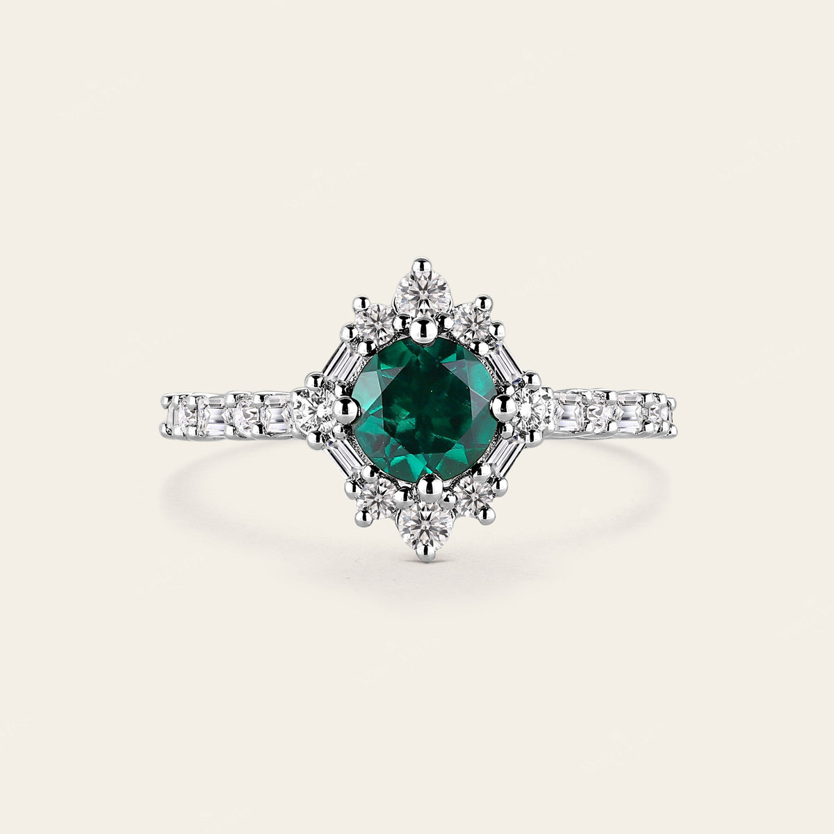 Art Deco Round Lab Emerald Rose Gold Halo Engagement Ring