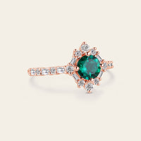 Art Deco Round Lab Emerald Rose Gold Halo Engagement Ring