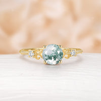 Vintage-Inspired Moss Agate Engagement Ring Round Cut Milgrain Rose Gold Band