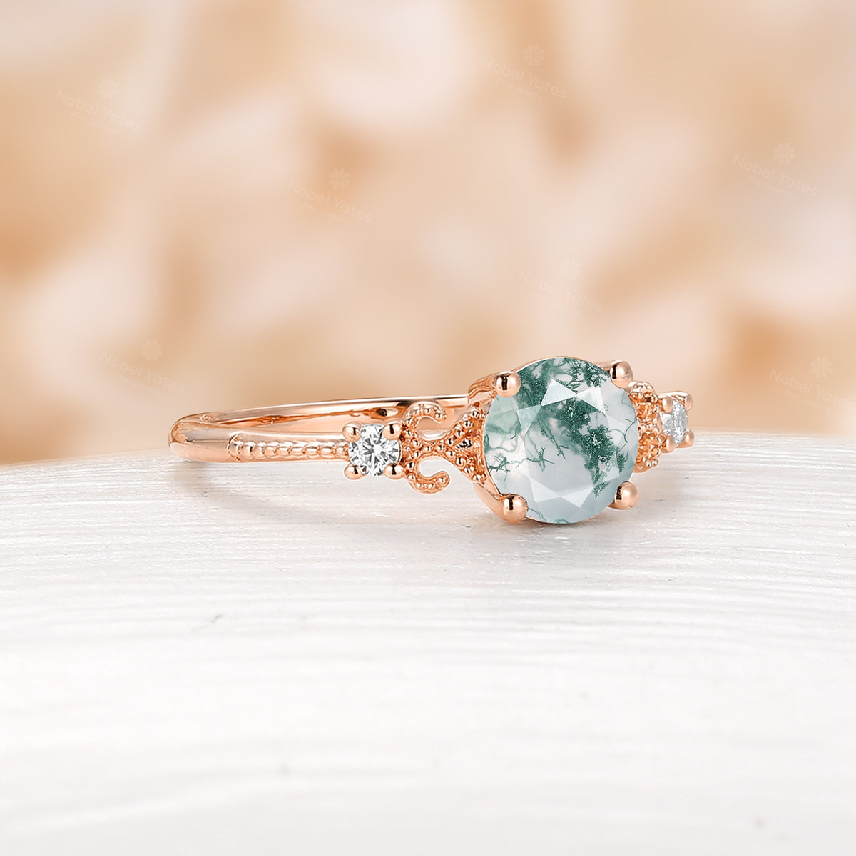 Vintage-Inspired Moss Agate Engagement Ring Round Cut Milgrain Rose Gold Band