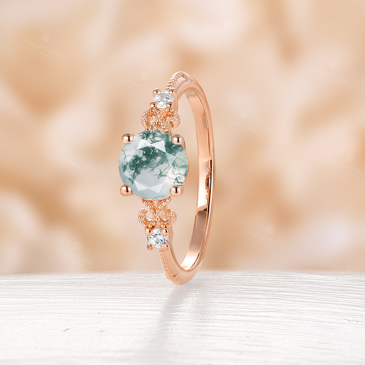 Vintage-Inspired Moss Agate Engagement Ring Round Cut Milgrain Rose Gold Band