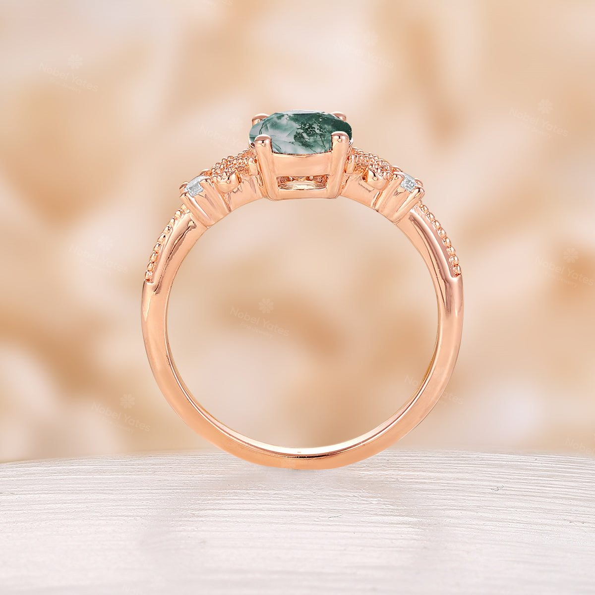 Vintage-Inspired Moss Agate Engagement Ring Round Cut Milgrain Rose Gold Band