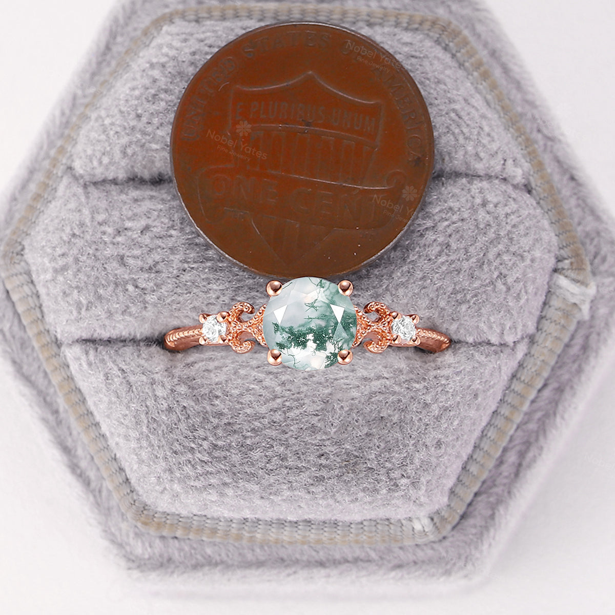 Vintage-Inspired Moss Agate Engagement Ring Round Cut Milgrain Rose Gold Band