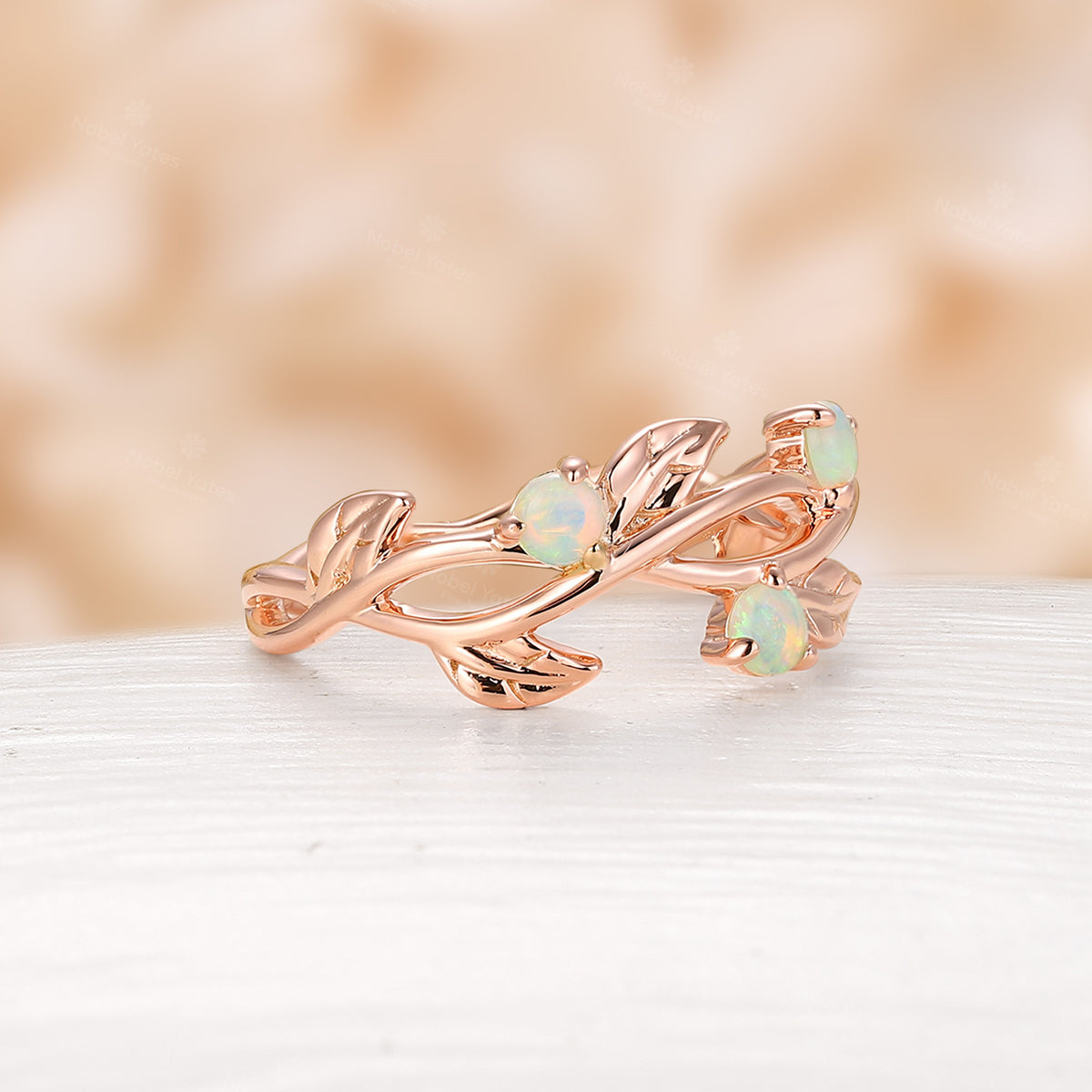 Twist Nature-Inspired Leaf White Opal Wedding Band Rose Gold Unique Band