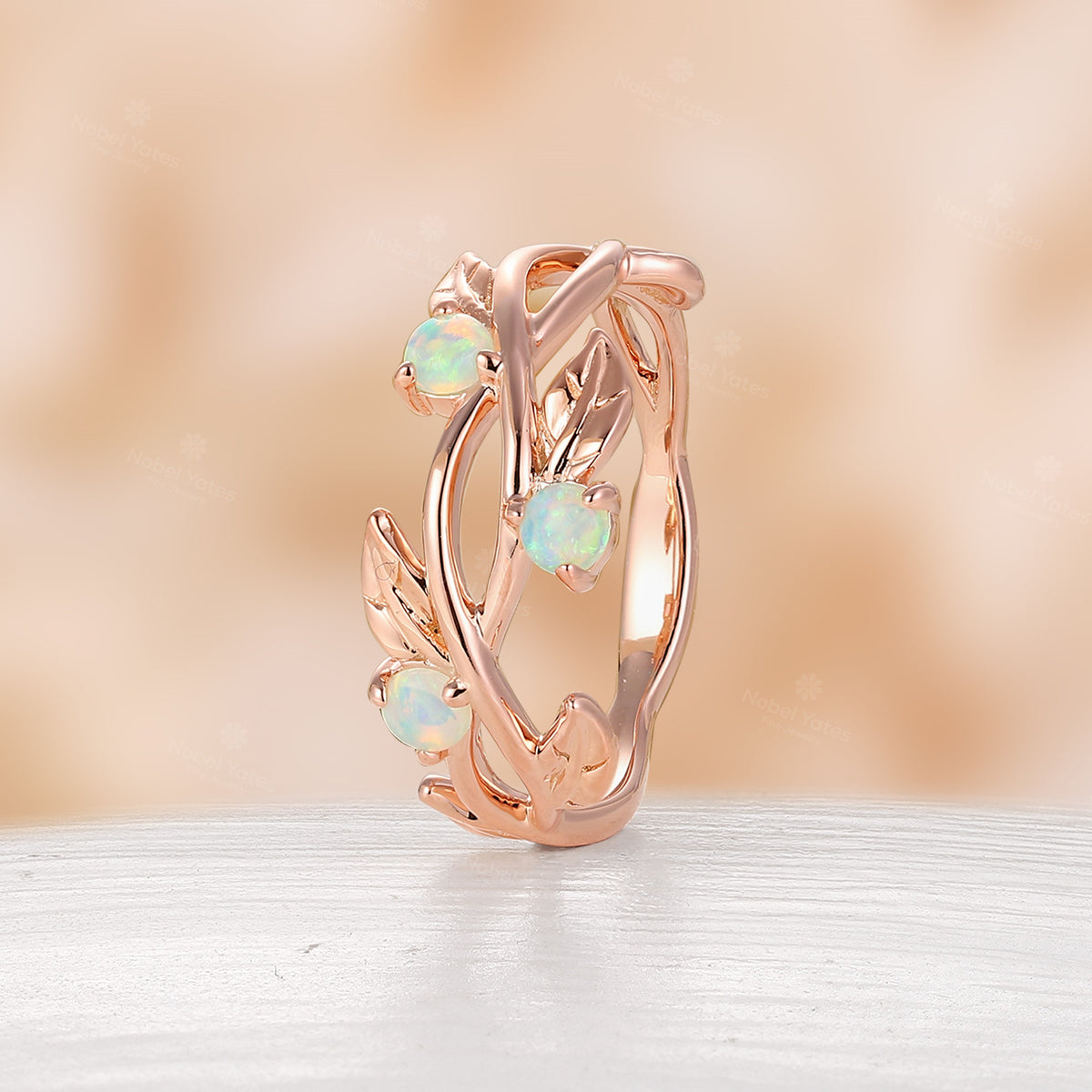 Twist Nature-Inspired Leaf White Opal Wedding Band Rose Gold Unique Band