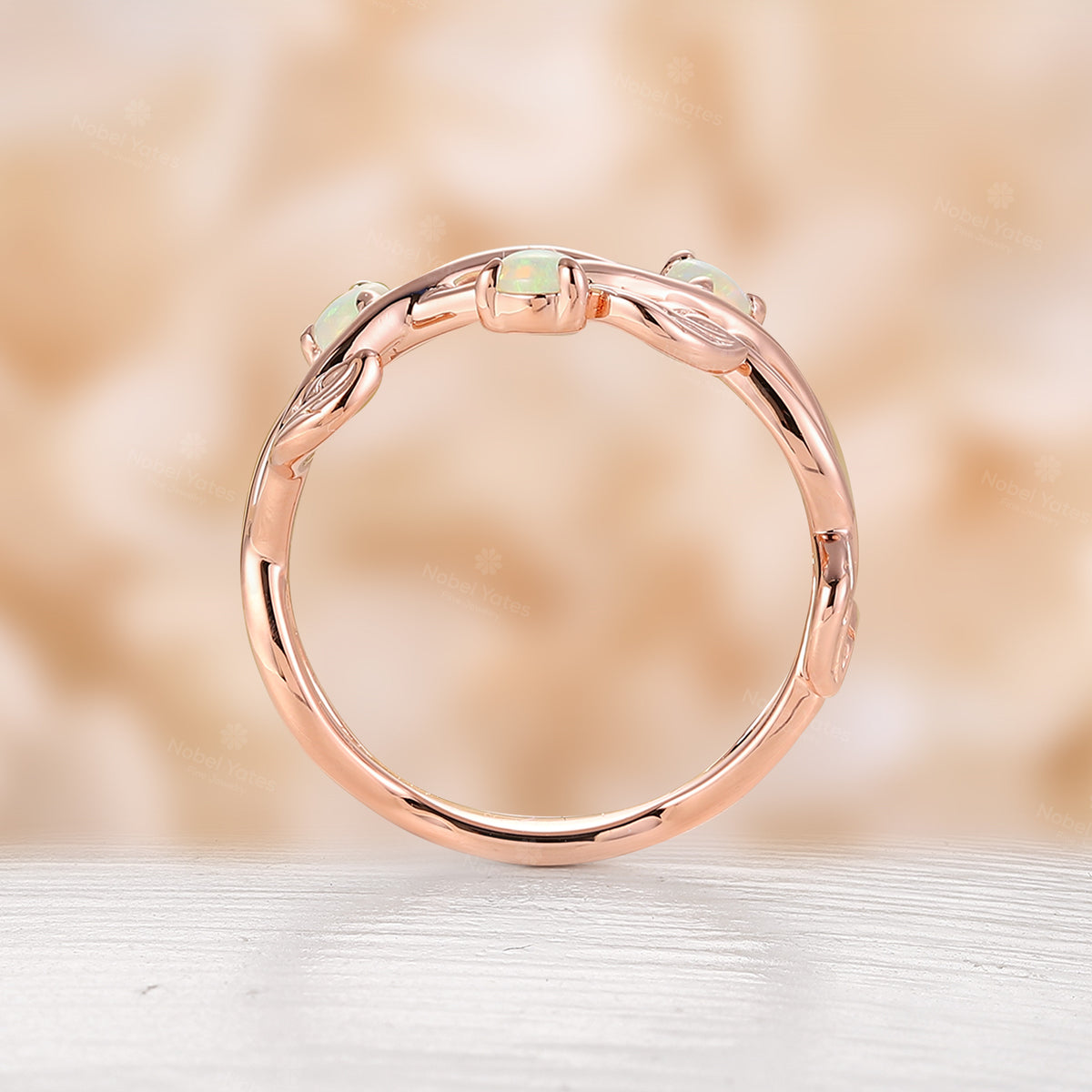 Twist Nature-Inspired Leaf White Opal Wedding Band Rose Gold Unique Band