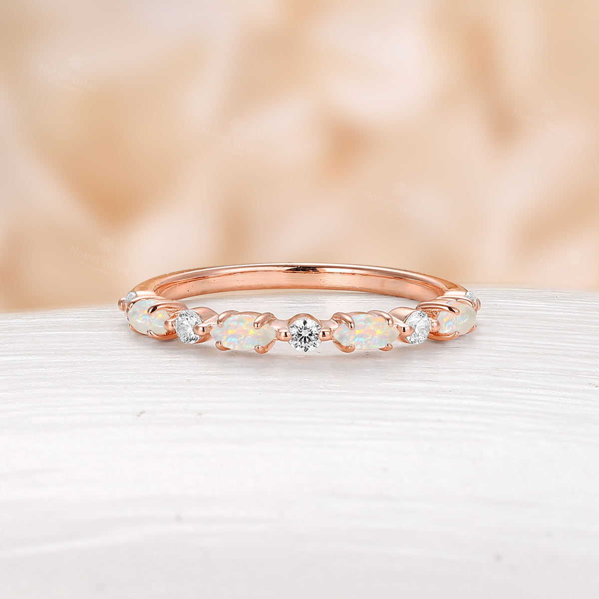 Marquise White Opal Straight Wedding Band Dainty Moissanite Band