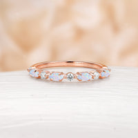 Marquise White Opal Straight Wedding Band Dainty Moissanite Band