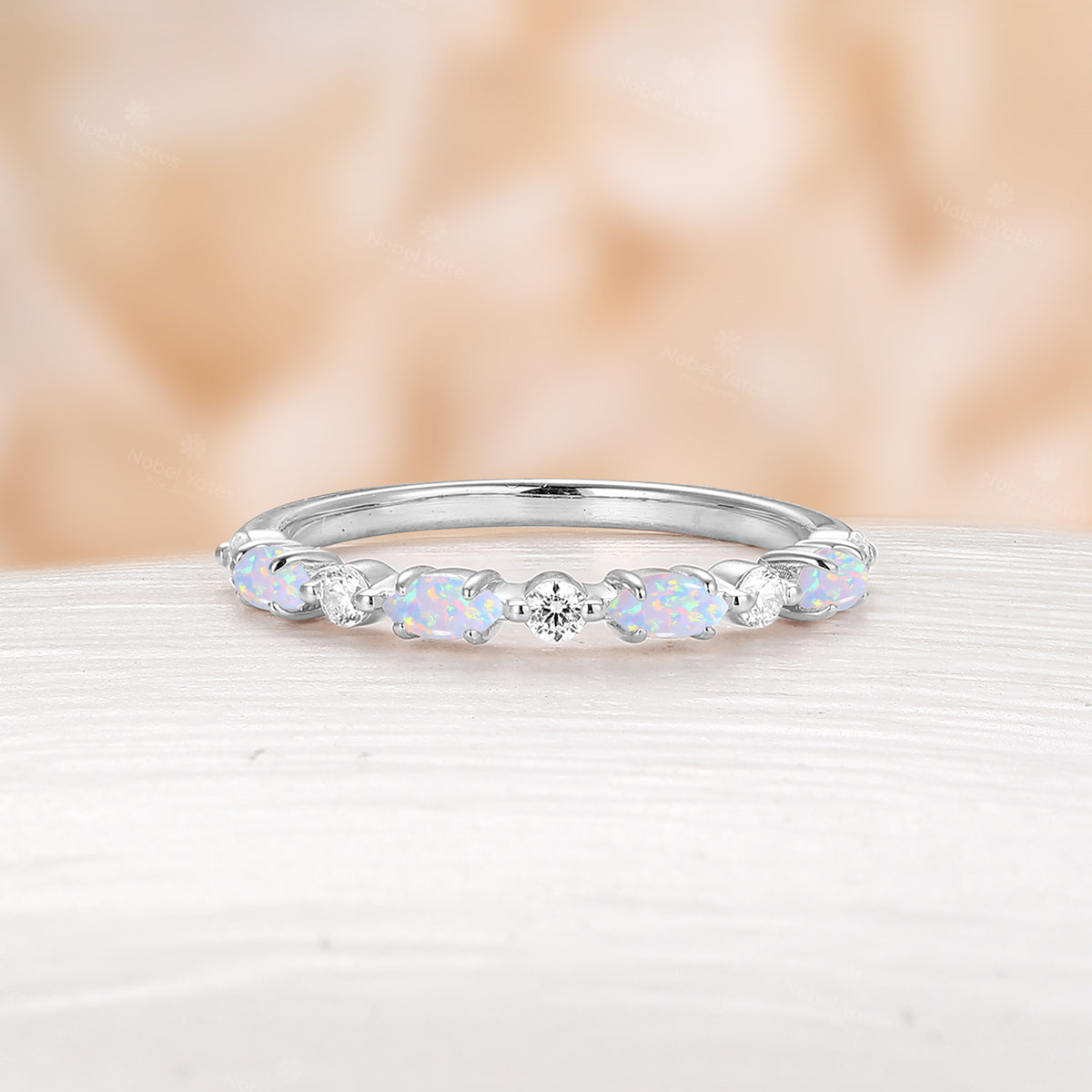 Marquise White Opal Straight Wedding Band Dainty Moissanite Band