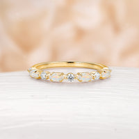 Marquise White Opal Straight Wedding Band Dainty Moissanite Band