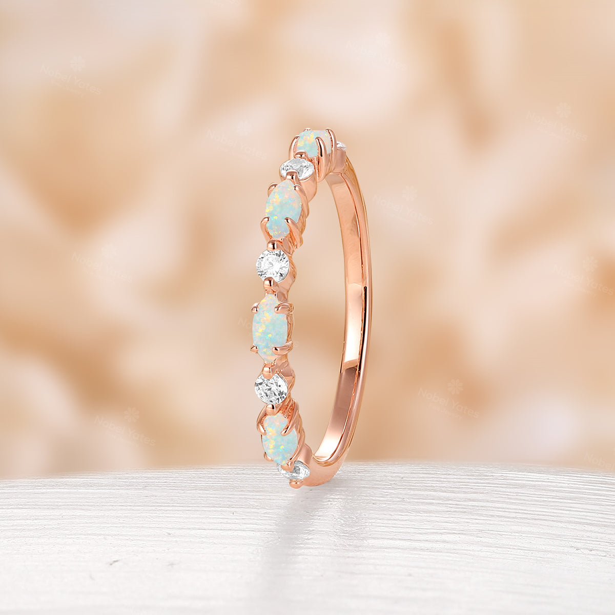 Marquise White Opal Straight Wedding Band Dainty Moissanite Band