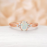 Oval Cut White Opal Engagement Ring Moissanite Side Stones Split Rose Gold Band