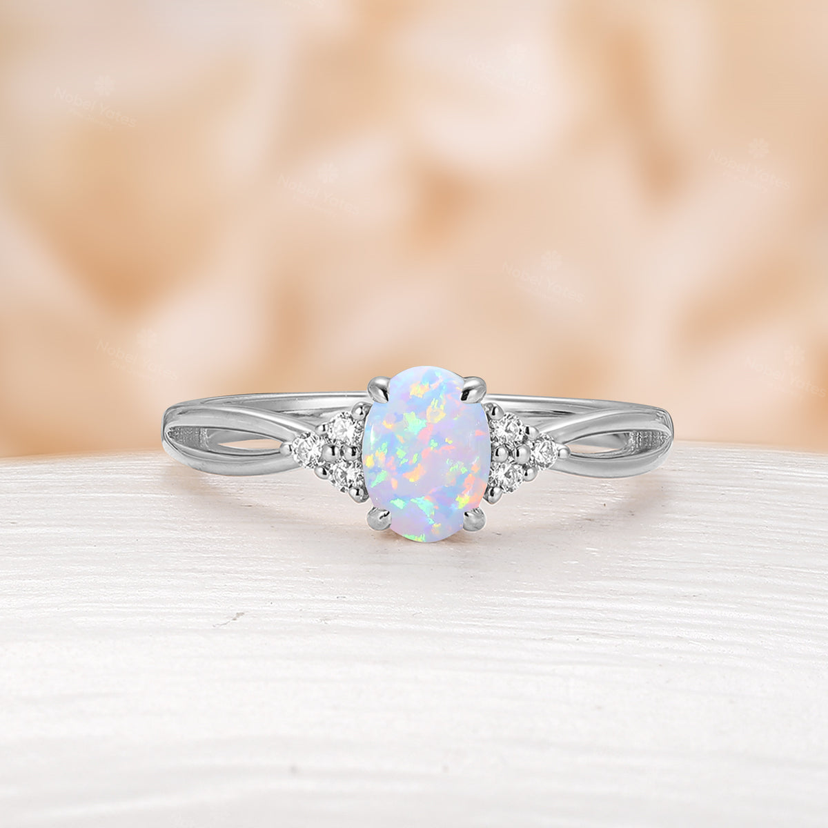 Oval Cut White Opal Engagement Ring Moissanite Side Stones Split Rose Gold Band