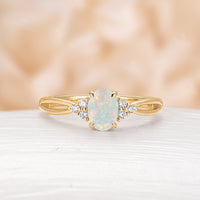 Oval Cut White Opal Engagement Ring Moissanite Side Stones Split Rose Gold Band