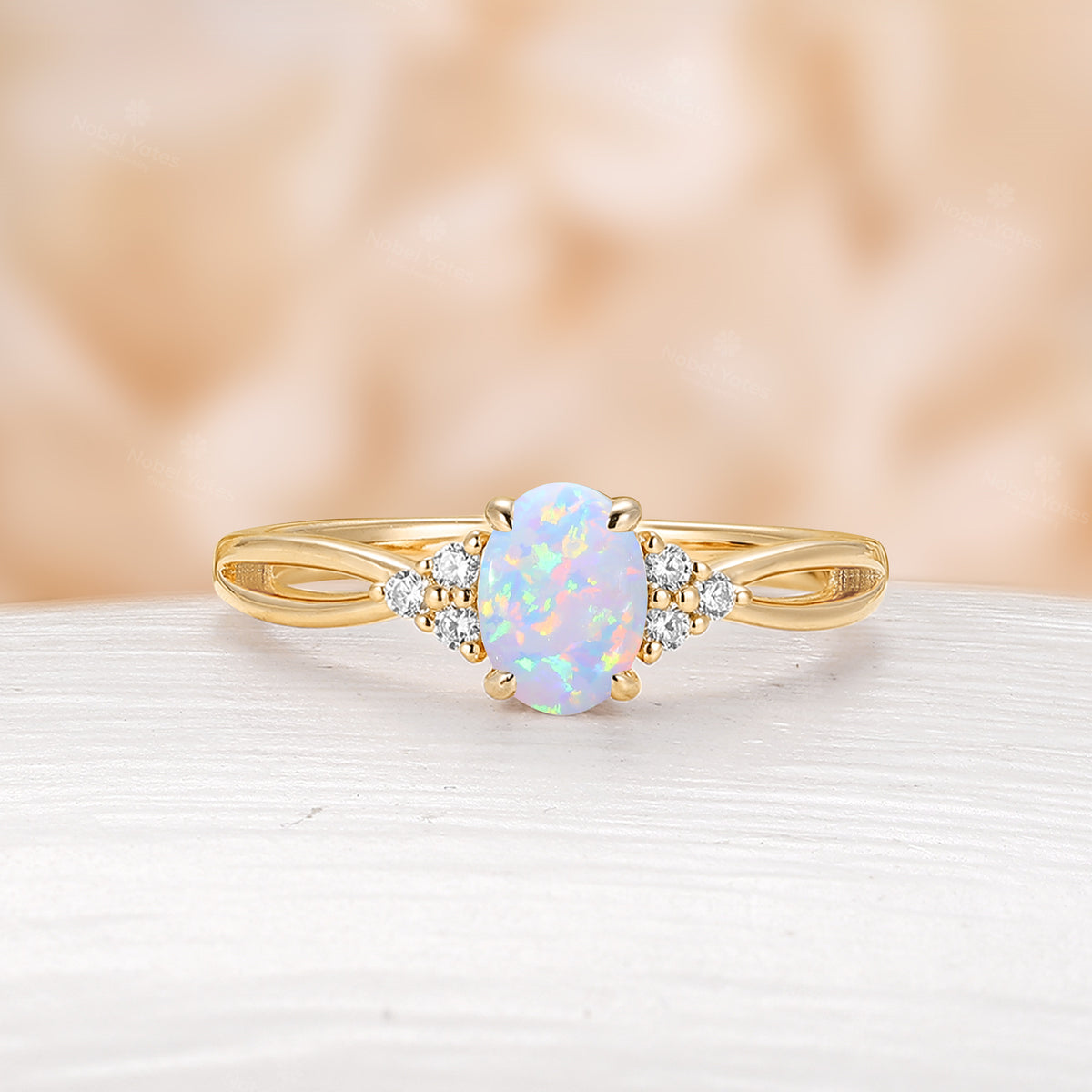 Oval Cut White Opal Engagement Ring Moissanite Side Stones Split Rose Gold Band