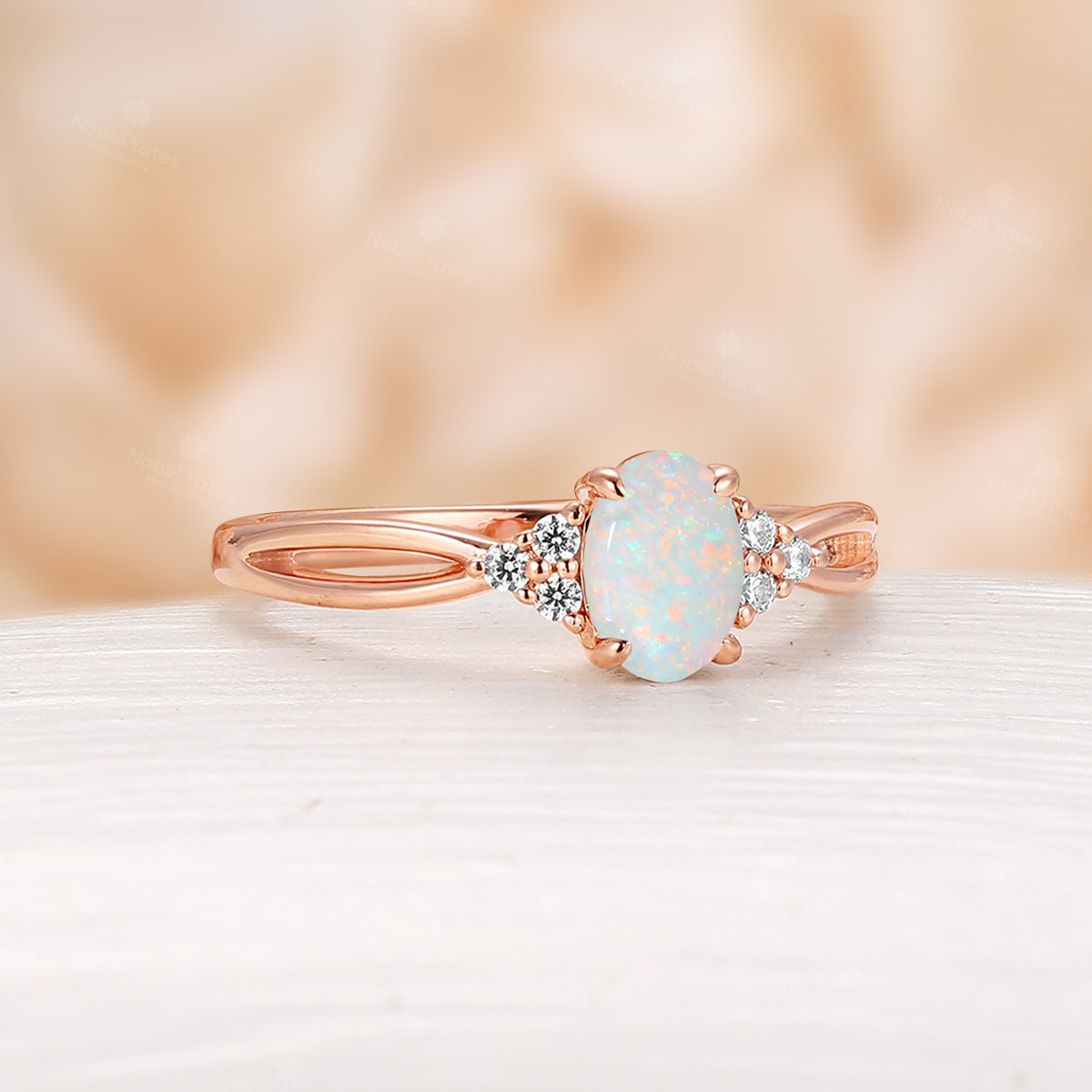 Oval Cut White Opal Engagement Ring Moissanite Side Stones Split Rose Gold Band