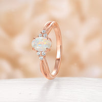 Oval Cut White Opal Engagement Ring Moissanite Side Stones Split Rose Gold Band