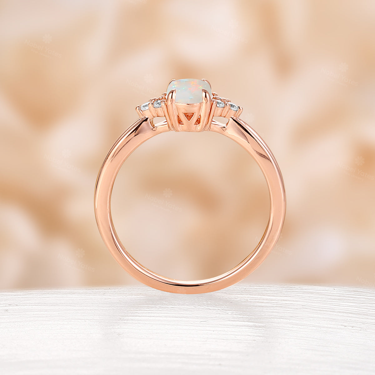 Oval Cut White Opal Engagement Ring Moissanite Side Stones Split Rose Gold Band