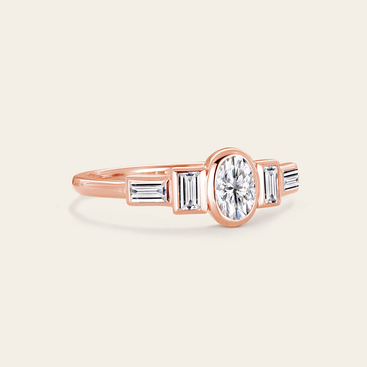 Oval Moissanite Bezel Set Engagement Ring Art Deco Rose Gold