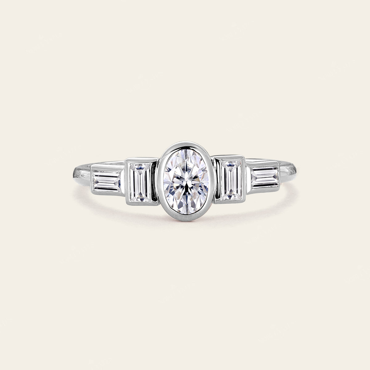 Oval Moissanite Bezel Set Engagement Ring Art Deco Rose Gold