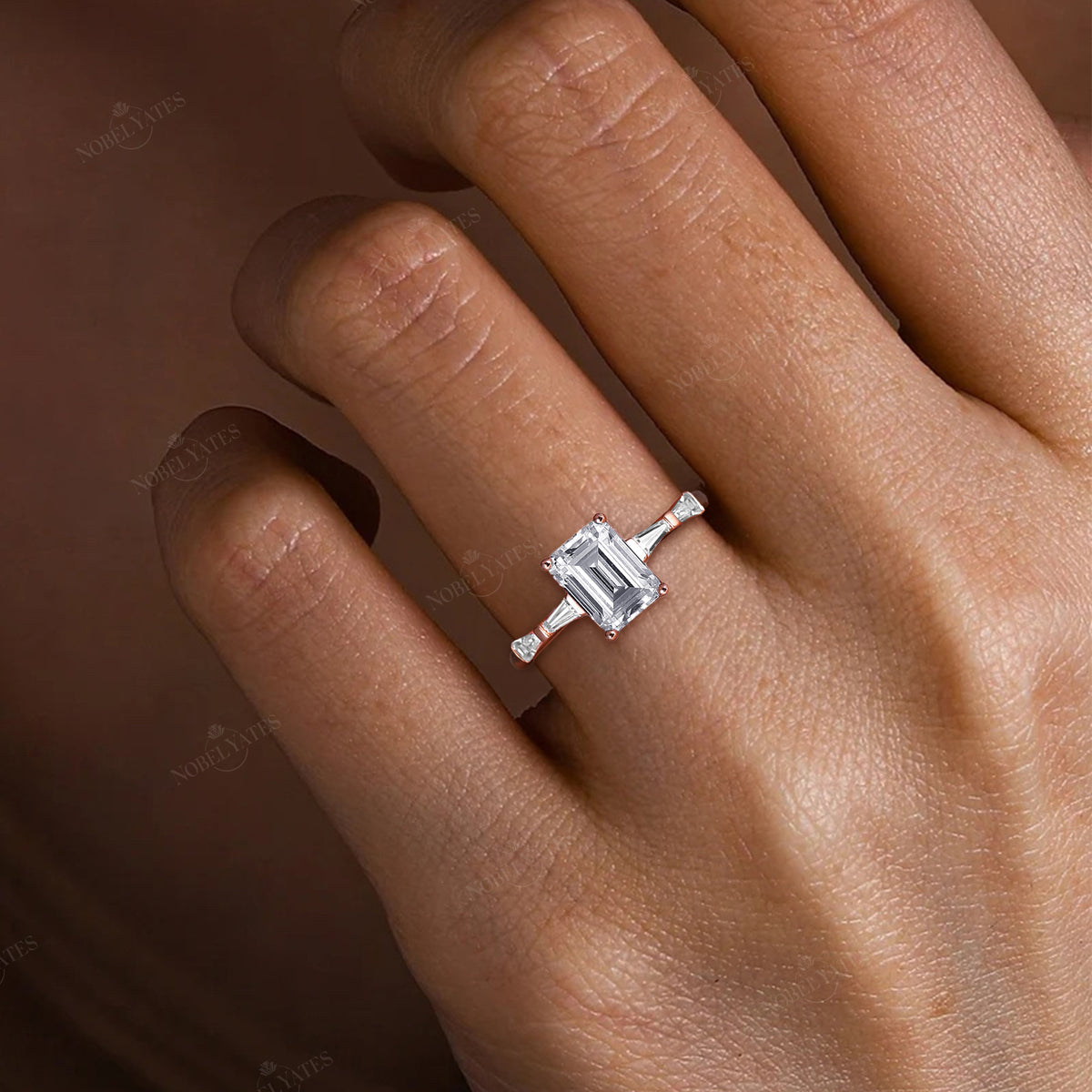 Moissanite Emerald Cut Baguette Side Stone Engagement Ring