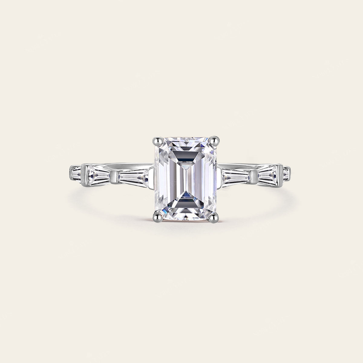 Moissanite Emerald Cut Baguette Side Stone Engagement Ring