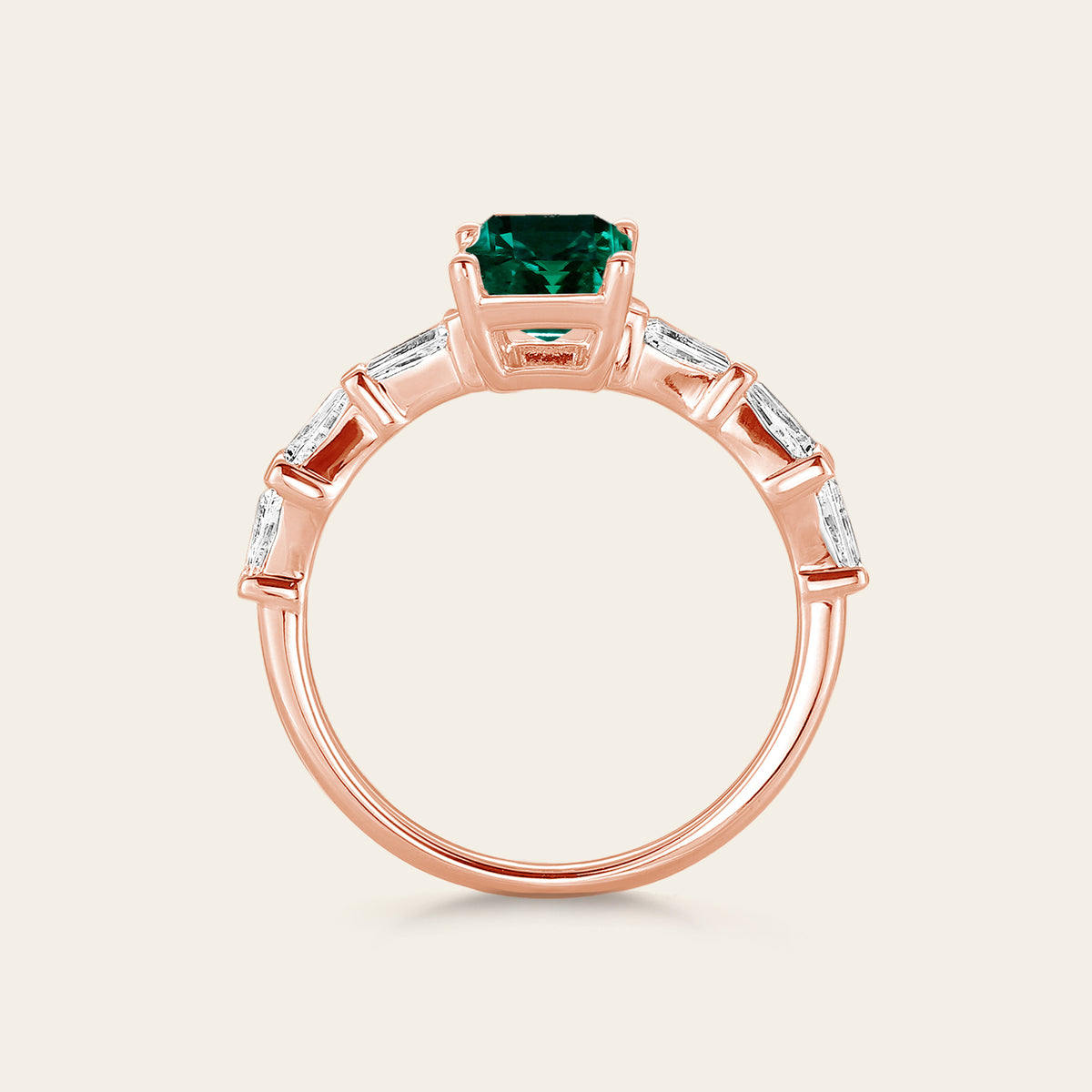 Lab Emerald Baguette Side Stone Rose Gold Engagement Ring