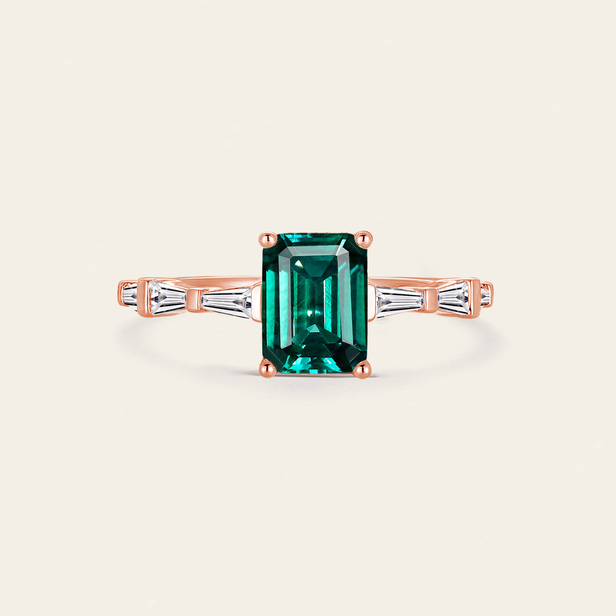 Lab Emerald Baguette Side Stone Rose Gold Engagement Ring