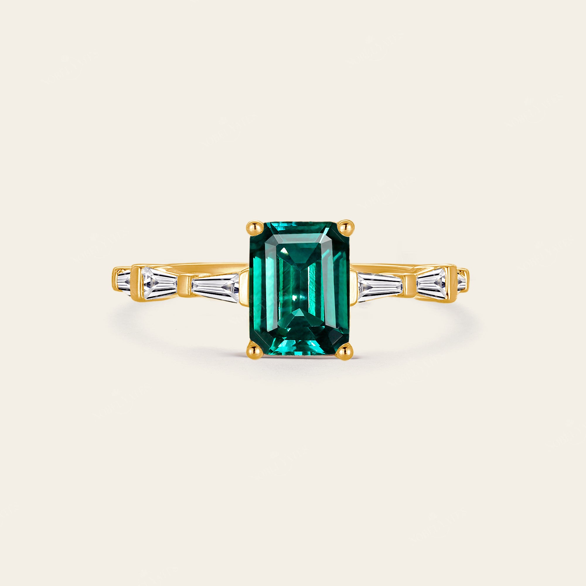 Art Deco Engagement Rings|Lab Emerald|Tapered Baguette Moissanite