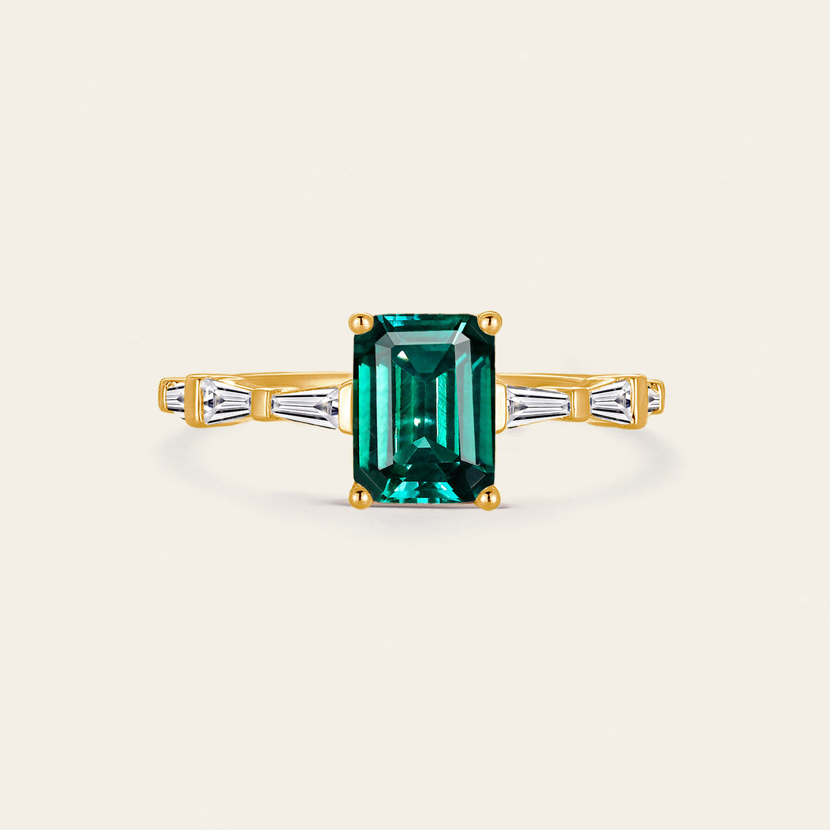 Lab Emerald Baguette Side Stone Rose Gold Engagement Ring