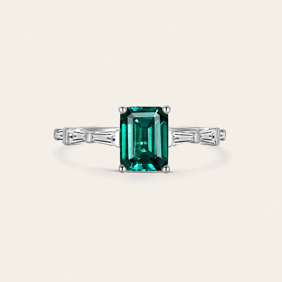 Lab Emerald Baguette Side Stone Rose Gold Engagement Ring