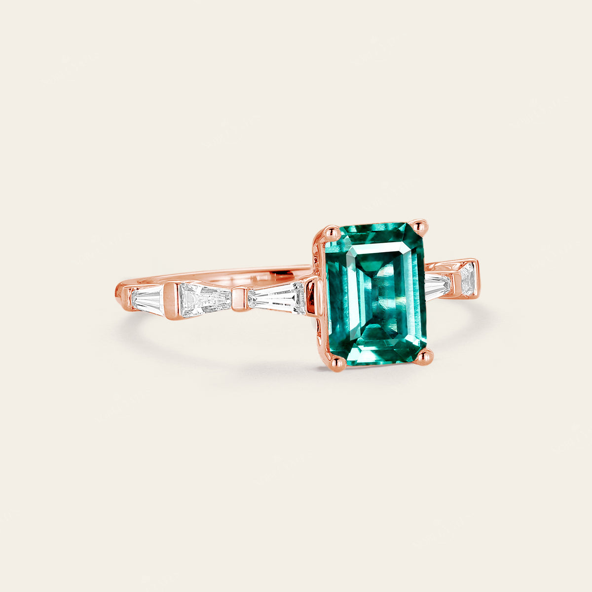 Lab Emerald Baguette Side Stone Rose Gold Engagement Ring