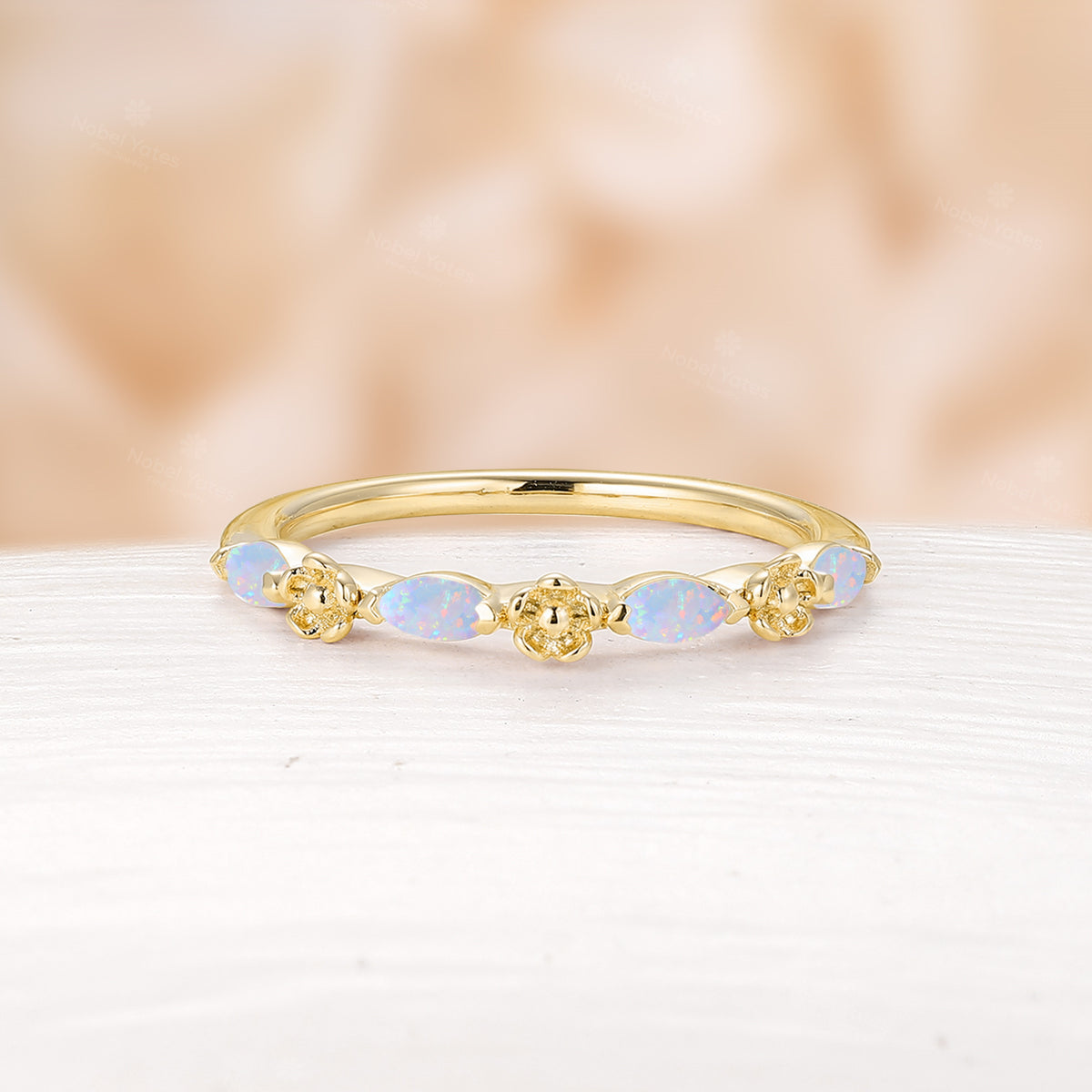 Nature-Inspired Foral Marquise White Opal Dainty Wedding Band Rose Gold