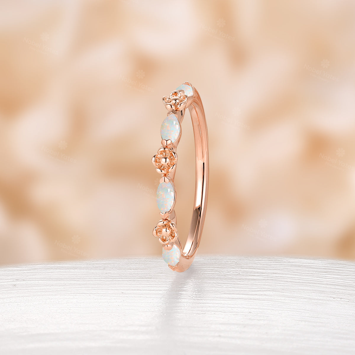 Nature-Inspired Foral Marquise White Opal Dainty Wedding Band Rose Gold