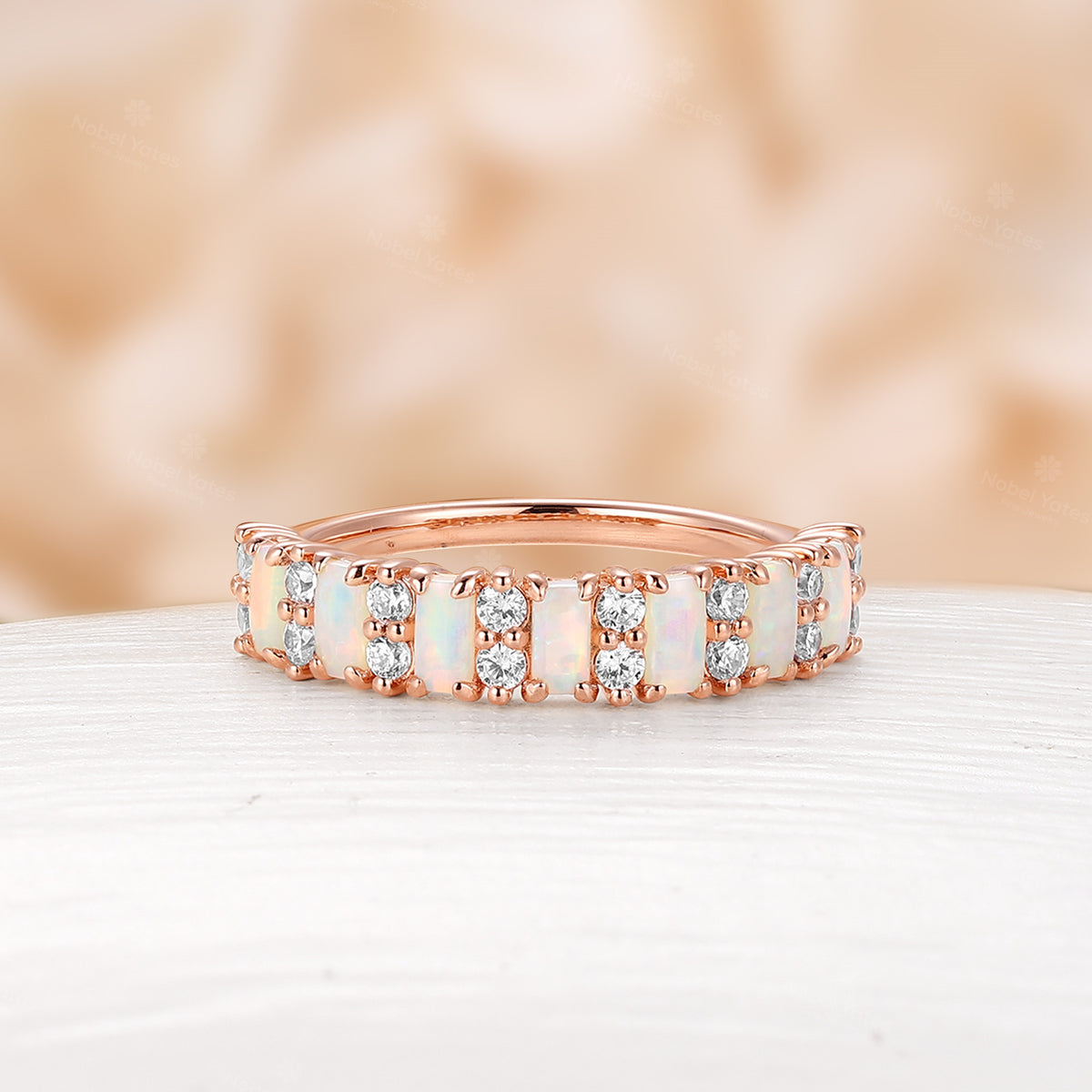 Baguette White Opal Rose Gold Moissanite Wedding Band Art Deco Ring