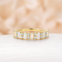 Baguette White Opal Rose Gold Moissanite Wedding Band Art Deco Ring